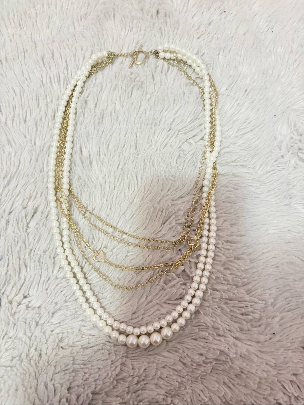 Gold Multi-Strand Layered Pearl Statement Necklace with Heart Charm